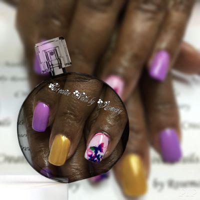 Acrylic with gel polish and nail art.