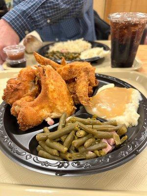 fried chicken with mashed potatoes and gravy with green beans for me