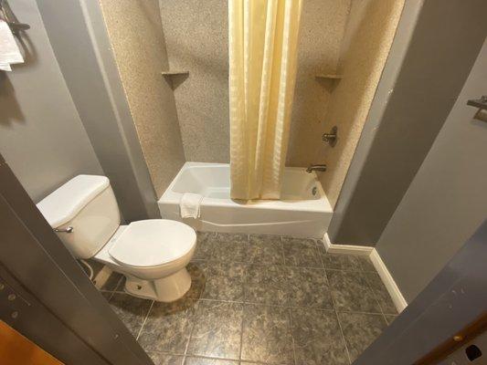 Nice bathroom tile and an excellent shower. Toilet is a bit tall (like a handicap one).