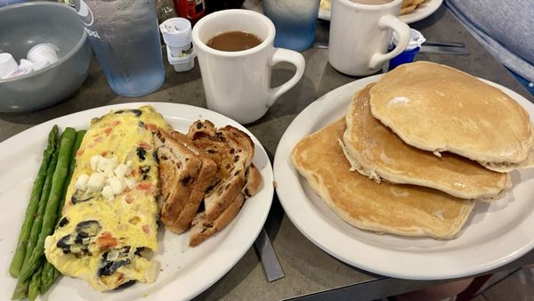 Greek omelette full stack of pancakes