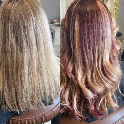 Before and after a picture red with blonde highlights