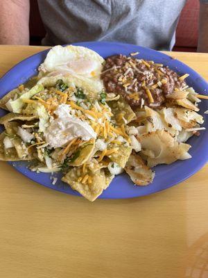 Green Chilaquiles, eggs,beans and amazing potatoes!