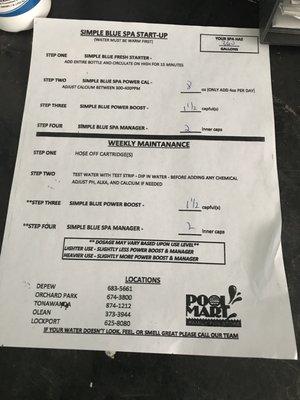 Chemical instructions for hot tub