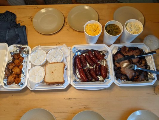 Family meal with Mac n cheese, potato salad, green beans. Side order of hush puppies.