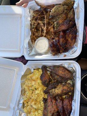 Henny BBQ and lemon pepper wings, Mac and cheese and fries