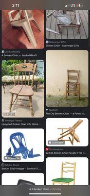 Proof these images are fake first search to google broken chair and this popped up. Please report!