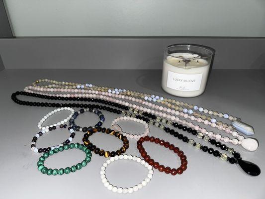 Handmade Mala necklaces, bracelets, and candle by Sara