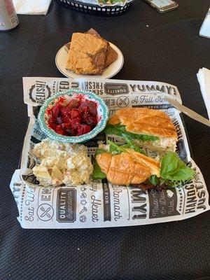 Caribbean Chick, potato salad, & root vegetables. With a Brownie