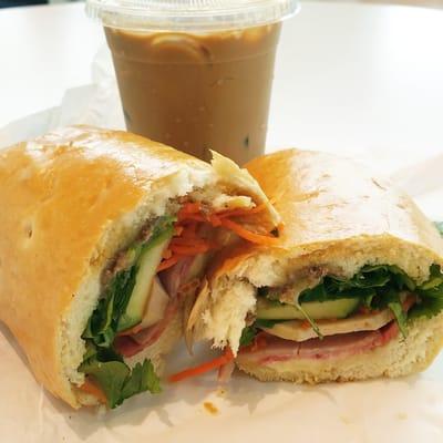 Combination pork banh mi and Viet coffee