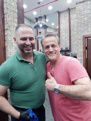 Tim Schuebel and Boris at Bonefade Barbers 105 Nassau St, New York, NY 10038