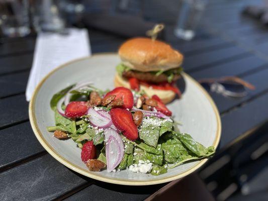 Fresh Strawberry Salad- Spinach, strawberries, orange liqueur candied almonds, red onion, goat cheese, white balsamic strawberry vinaigrette