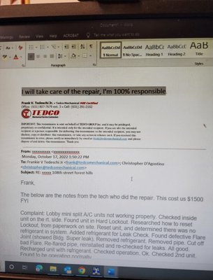 email from owner of Tedco admitting he did a horrible job and will take responsibility but NEVER DID!!!