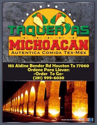 Portada del nuevo menú de taquerias michoacan ubicado en el 183 Aldine bender rd site B Houston Tx