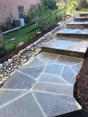 An outdoor stone staircase with an irregular flagstone design, bordered by decorative rocks and well-maintained landscaping.