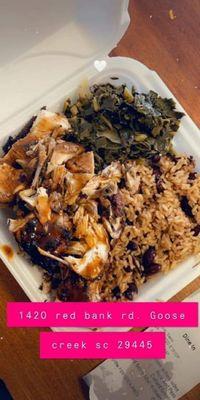 Jerk Chicken over Rice and Peas, with Collard Greens