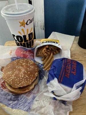 Western Bacon Cheeseburger, Spicy Chicken Sandwich and some CrissCut Fries with a Large Diet Coke to wash it all down.