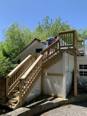 Replaced old hazardous stairs with new staircase to clients sun deck. Mahopac Lake.