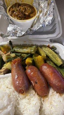 Pinakbet (plenty ampalaya), pork and peas and longanisa for $15