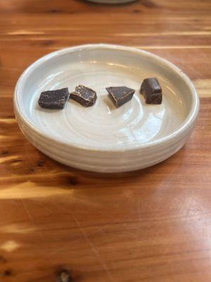 Chocolate samples on their cute pottery plates!