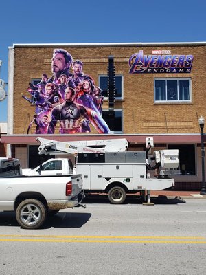 Building display on Meteor Guitar Gallery in Bentonville, AR for the Avengers release