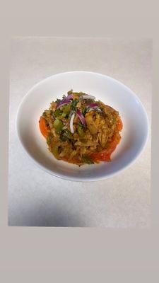 Stew up salt fish w/ tomatoes, red onions, scotch bonnet pepper, scallions.