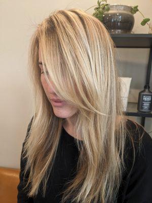 Gorgeous blonde highlight and sweepy layers