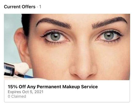 Mention this offer when scheduling an appointment for 15% off one permanent cosmetics service.