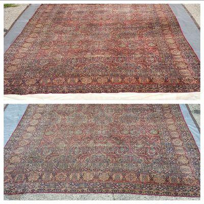 Before and After photo of a rug that was hand washed at The Cleaning Studio, look at how the colors came alive!