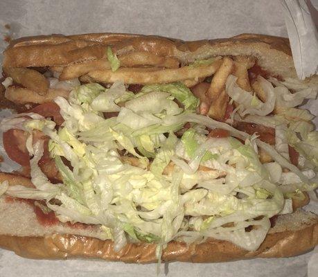 Fat bee sandwich cheesesteak, chicken fingers, mozzarella sticks, and French fries