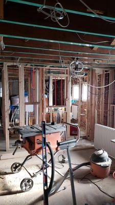 The skeleton of a two bedroom two bath basement in progress.