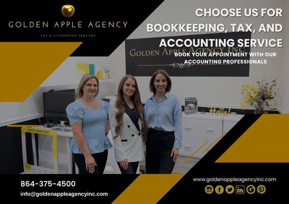 Choose Us for Bookkeeping, Tax, and Accounting Service. Book Your Appointment with Our Accounting Professionals
 
 #goldenappleagencyinc