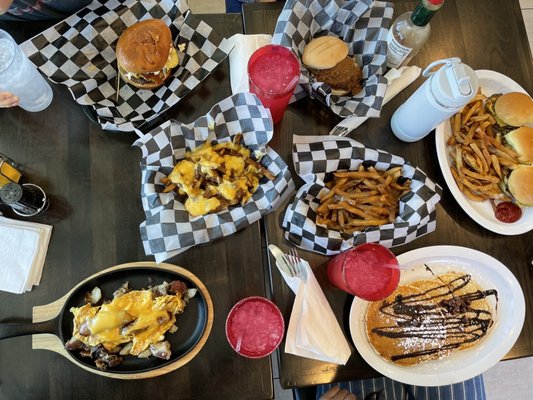 breakfast skillet, hot cakes, sliders, Coney Island burger, bacon cheeseburger, fries with chili and cheese, fries with gravy