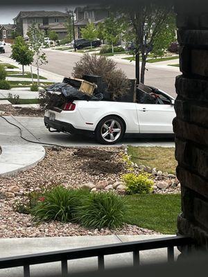 Driving away with all the dead plants and things I didn't ask for. You can see the different between my lawn and my neighbors'