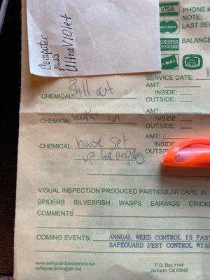 This is the bill for the service that was never provided as you can see the person wrote house set for respray.