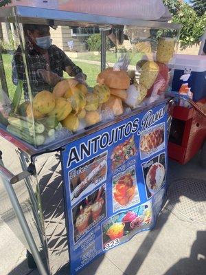 Fruit, shaved ice (Raspados), tostilocos, elote (corn on the cob)