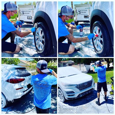 We snow foam your ride before any scrubbing to remove as many contaminants as possible. Do this to avoid surface scratching.