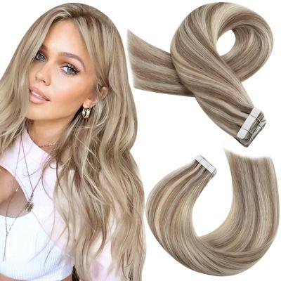 Tape in Hair Extensions Human Hair Blonde Highlighted Tape in Extensions Light Brown Mixed with Blonde $99