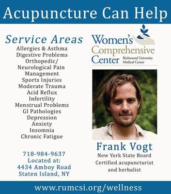 Frank Vogt, our acupuncturist takes an integrative health care approach uniquely tailored to women.