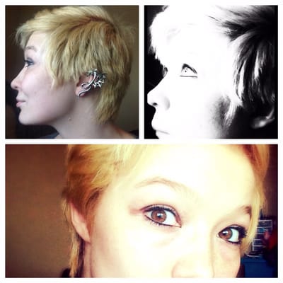 Short modern pixie and lightened to a beautiful blonde. One of the many color and cut changes weve made together.