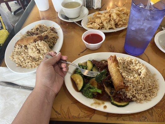 Hunan beef with fried rice and egg roll (lunch special.)  Low mein with chicken, fried rice and egg roll.