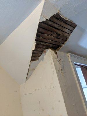 The ceiling crumbled from a leak in Aug and remained like this thru June