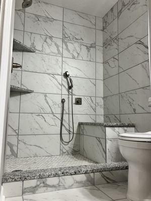 Shower with bench seat, shelves & diverter