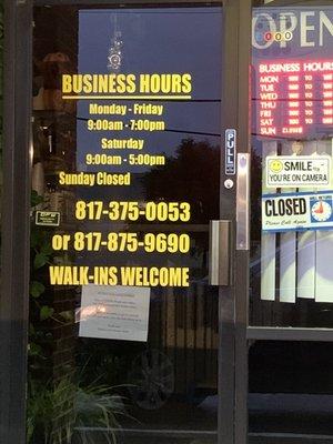 Business Front and Hours