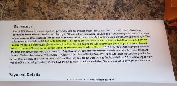 These are the lies they told our credit card co. We were NEVER asked about the manual and the contract did not say ANYTHING about manual