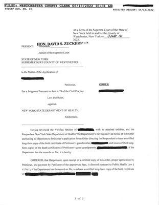 A recent court order for dual Italian citizenship purposes from Westchester County. The judge signed the order within 2 weeks.