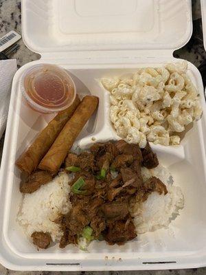 Pork Adobo plate with mac salad and meat lumpia