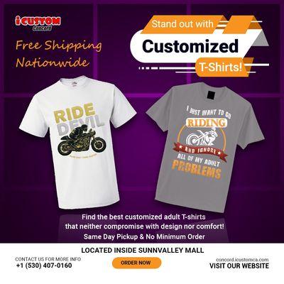 Unique designs are very rare to find. Customize your own attractive T-Shirt from iCustom with Free Shipping Nationwide!
No Minimum Order