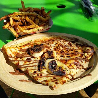 Nutella banana crepe, garlic parmesan fries