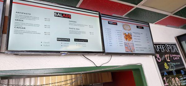 Menu board and pizza sizes