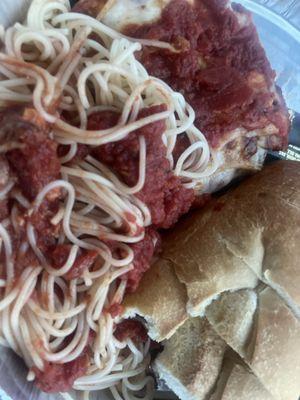 Leftover chicken parm and spaghetti